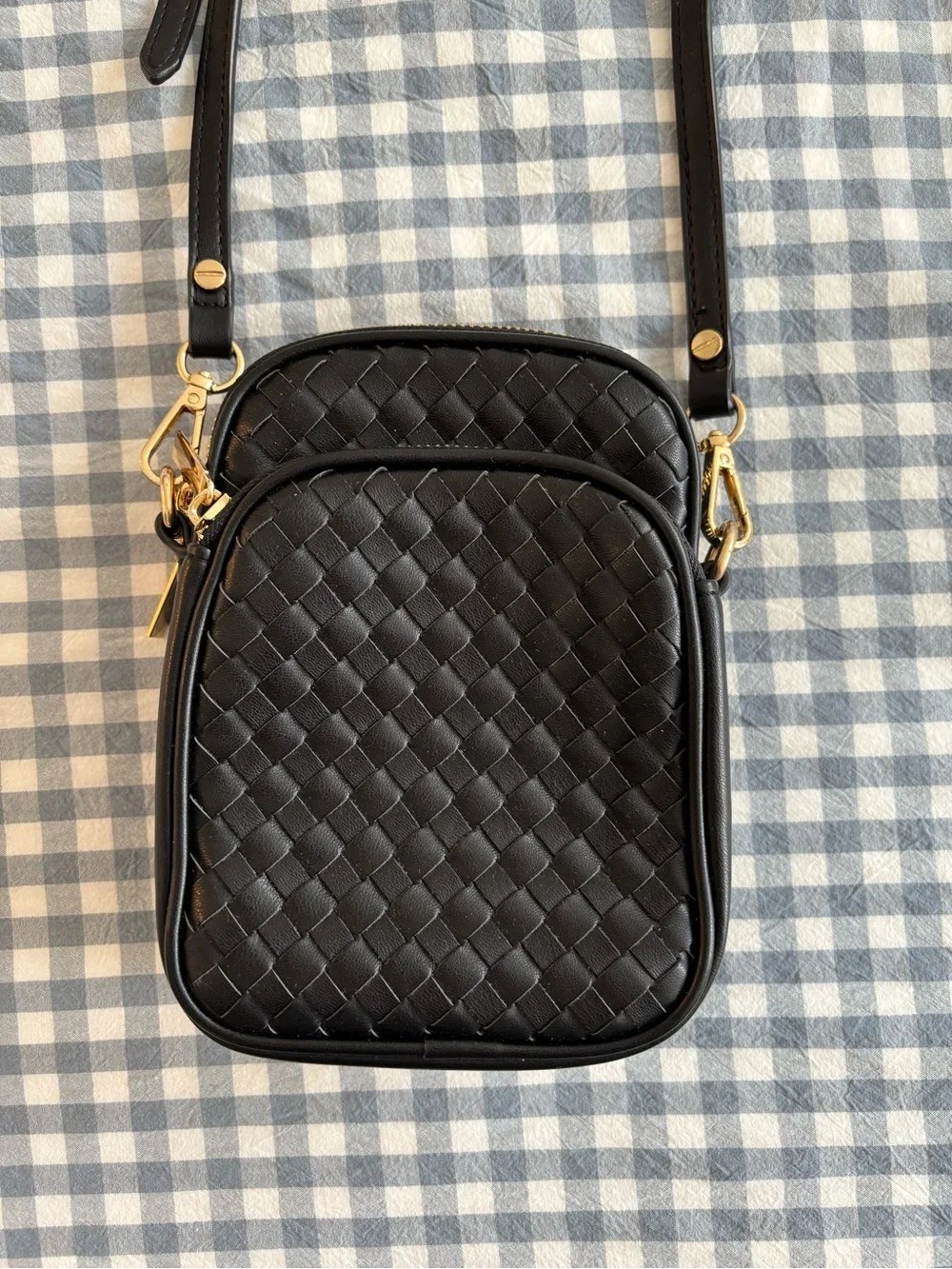 Black Woven Crossbody Bag with Gold Hardware